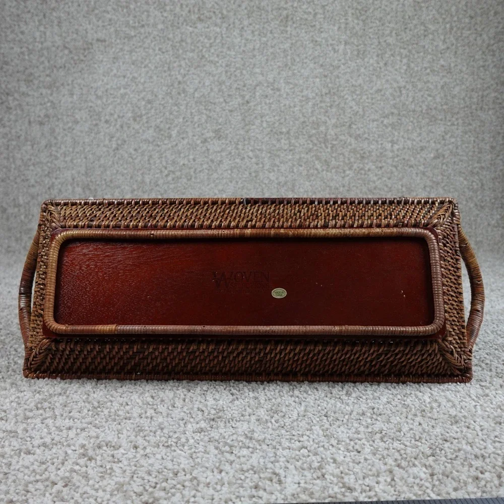 Pampered Chef Woven Selections Rattan Serving Tray Rectangular Brown Wood Base - Picture 3 of 9
